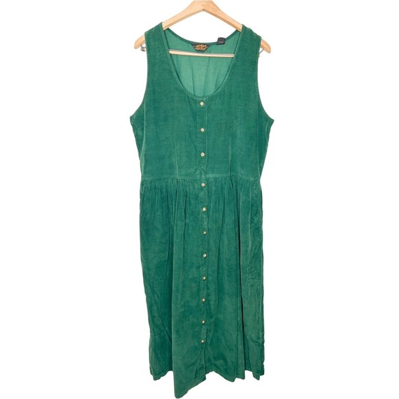 Vintage Dresses & Skirts - Vintage 90s Eddie Bauer Women's Green Corduroy Sleeveless Midi Dress Medium M